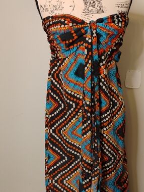 Strapless Printed Maxi Dress in Black, Blue & Orange